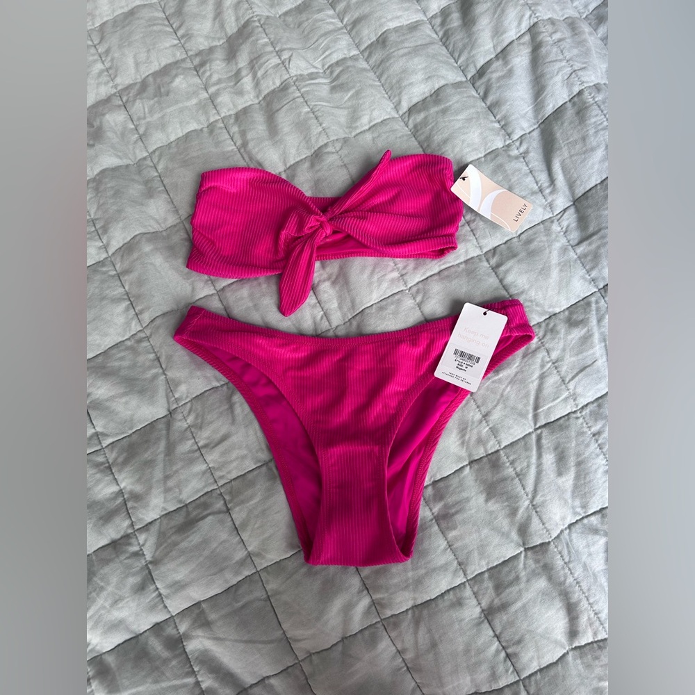 Lively Ribbed Bandeau & Cheeky Bottom Swimsuit Set (Magenta, M)